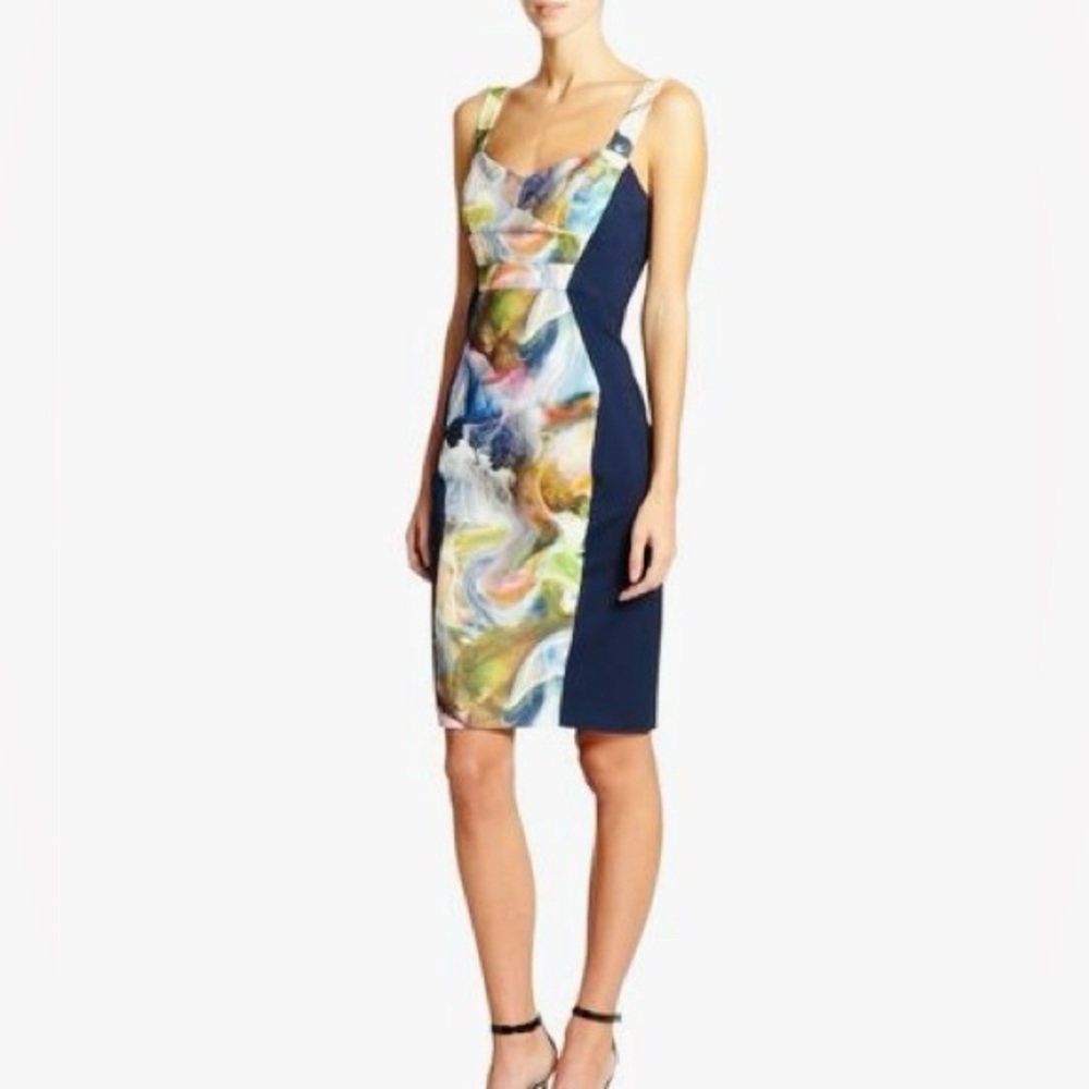 Black Halo Sadie Watercolor Blue and Green Abstract Print Knee-Length Dress sz 4